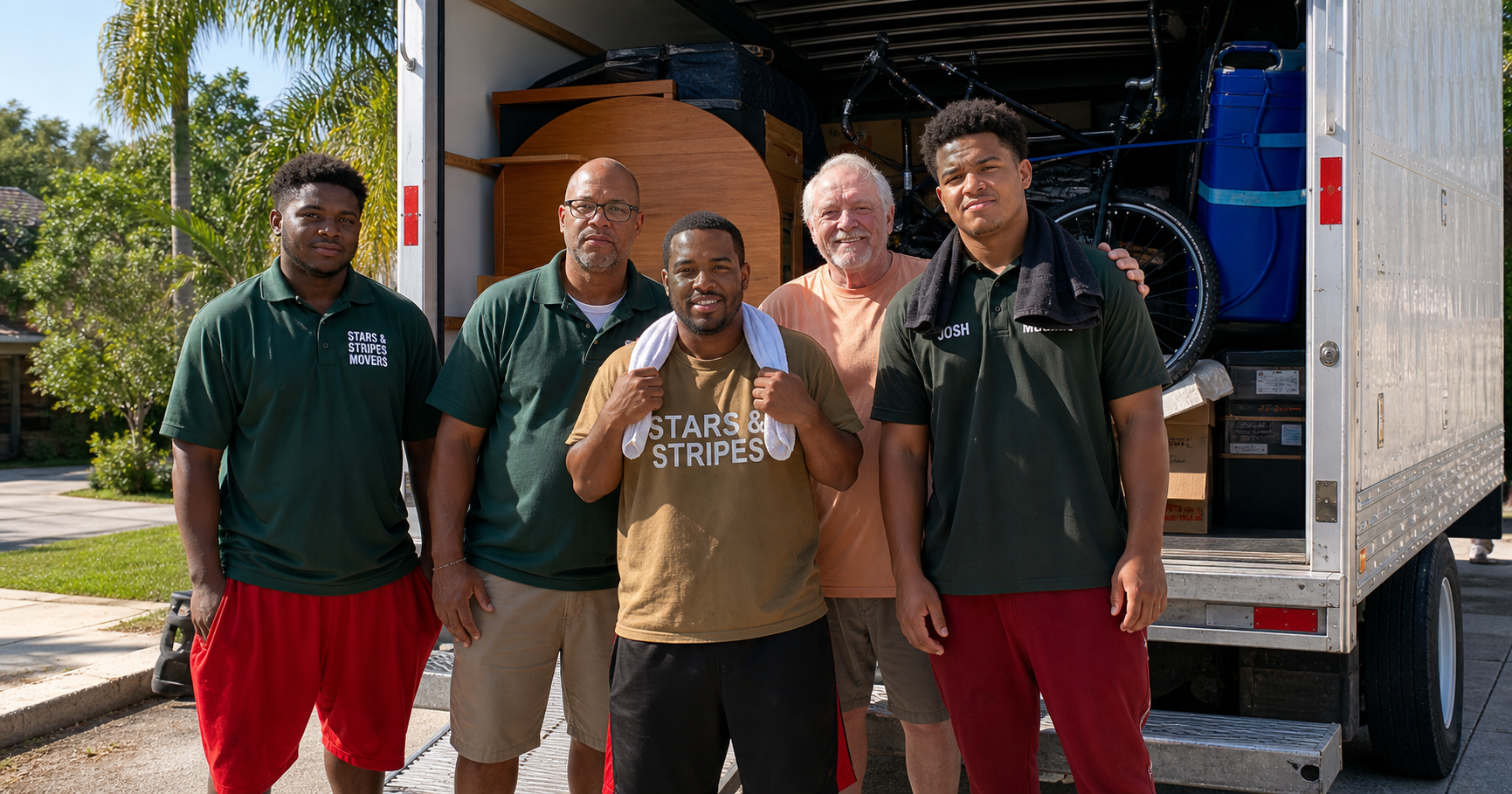 Stars and Stripes Movers crew standing in front of a loaded moving truck