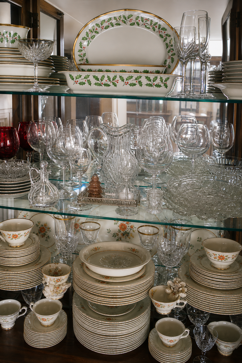 Delicate glassware and dishes arranged in a china cabinet