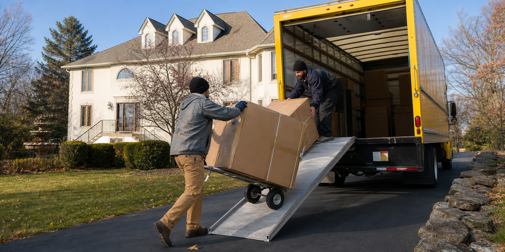 Movers loading a large box into a moving truck