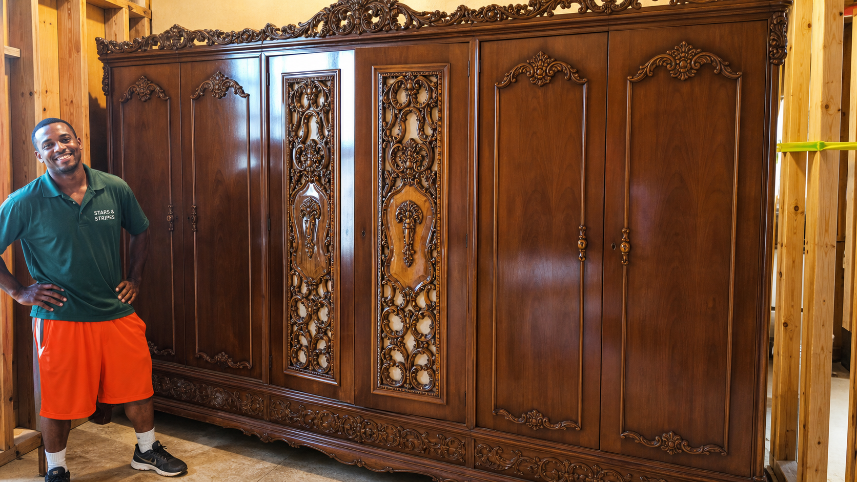 Mover standing beside a large ornate wooden armoire